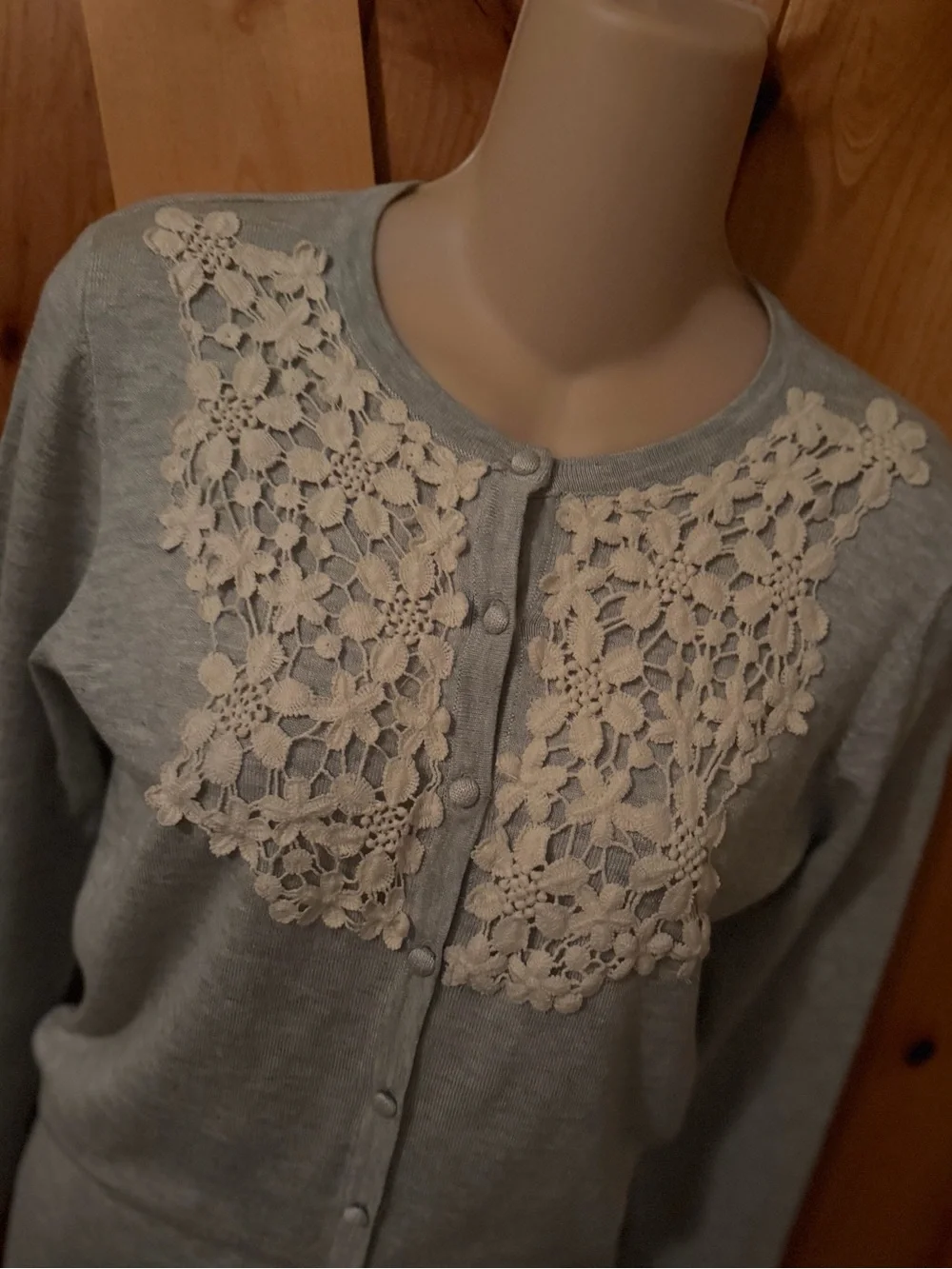 Silk Cotton Blend Gray Crew Neck Cardigan Sweater Cream Crochet Lace Yoke, S